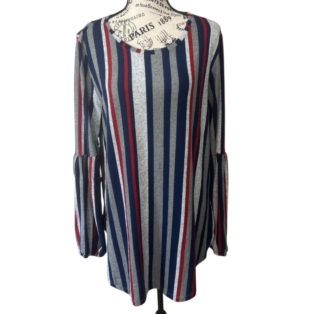 Lildy Striped Round Hem Bishop Long Sleeve Tunic Top NEW